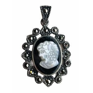 Vintage Sterling Silver and Black Cameo Pendant 1 1/4" Marcasite Like Setting